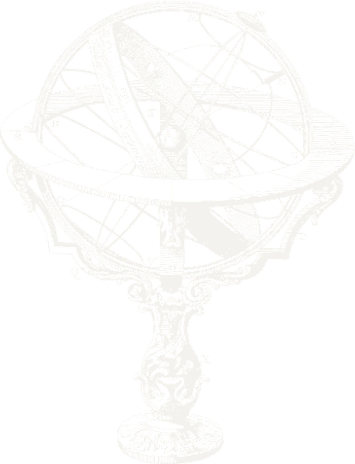 Engraving of an armillary sphere, a ringed model of the heavens on an ornate stand.