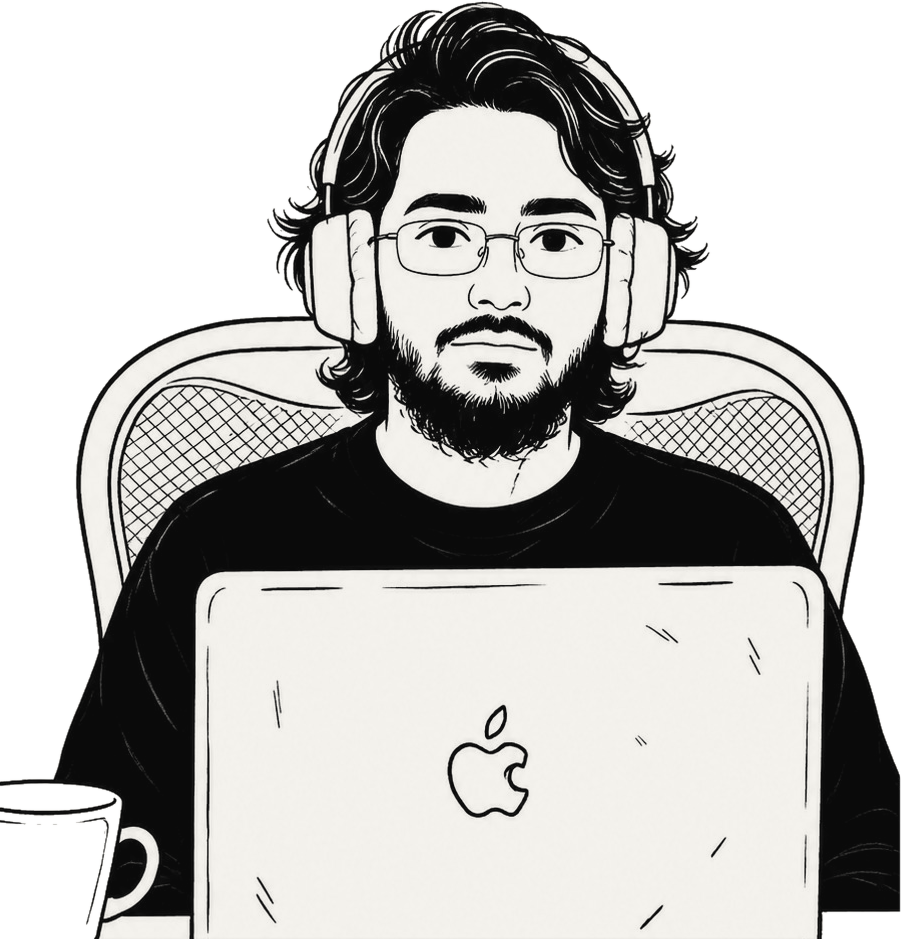 Ink illustration of Faizan Khan at his desk, wearing headphones in front of a laptop.