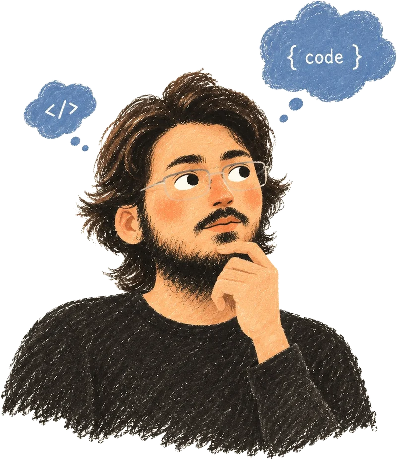 Illustration of Faizan Khan looking up in thought, with two small thought clouds reading &lsquo;</>&rsquo; and &lsquo;{ code }&rsquo;.